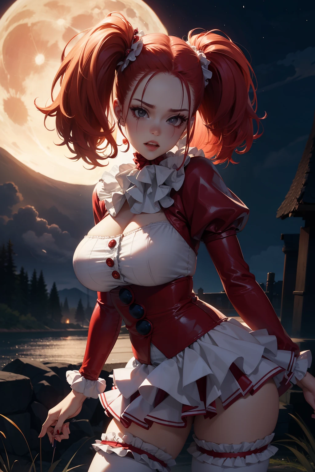 Ultra realistic, , teen female  , red hair twintails frinje, clown , beautiful face , malicious e, big  breasts ,voluptuous ,pennywise costume white , sexy , tight mini-skirt, sexy . Night  , background moon. Menacing 