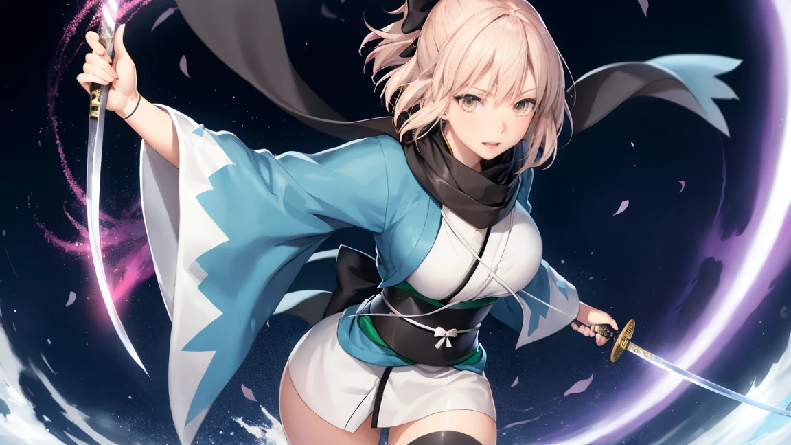 (Highly detailed CG), (Highest quality), Perfect Face, Shiny skin, Shiny skin,Wide Hips, One girl,alone ,Holding a large Japanese sword、Dynamic action poses, Stand in the center of the screen、okitasouji,Arm guard,Wide sleeves,Toeless legwear,bangs,heart, white kimono, Shinsengumi, Black thighs, Yellow Eyes,Knee socks , short kimono, Haori, black bow, black scarf, short hair, Ahoge, scarf, Blonde, hairbow,bow, kimono,kimono,