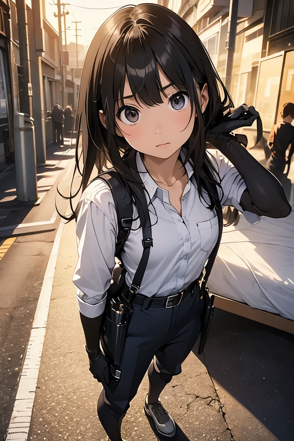 high quality, masterpiece, Ultra-high resolution, (realism: 1.4), Oil painting style, Cinema Lighting, I stood on the empty asphalt road and looked at it., , And the suspenders with the cranes flying　　　Moderate breasts　 　 　　　　Small face　 　　　holster　　　　　　　 Lying in bed　Looking up　　　　Sweat 　　　belt　summer　脇Sweat 　Black Hole Gloves　suit　shirt　　Black jacket　 Black trousers　Leg Links　ズボンにbelt　　holster　 　　Hands behind your back　 Anxious expression　Looking up　Anxious face, no resistance　Hands behind your back