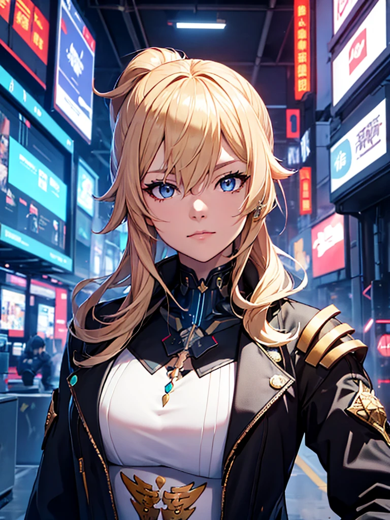 Jean from Genshin impact, 1woman, wearing a futuristic cyberpunk outfit, at future city, blonde ponytail colour hair, 8k, high detailed, high quality