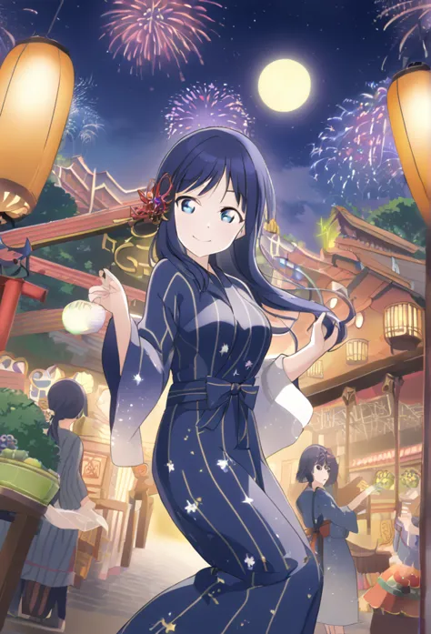 asaka fruit forest　long back hair　blue hair　dark blue eyes　semi-long hair　blue yukata　smile　larger breasts　full moon　fair　starry...