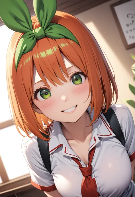 (highest quality、masterpiece、very detailed、4k)、one woman、17 years old、short hair、orange hair、(((nakano yotsuba)))、smile