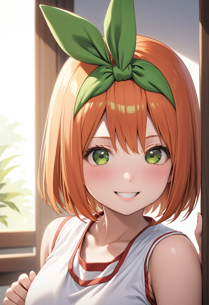 (Highest quality、Masterpiece、Very detailed、4K)、One Woman、17 years old、short hair、Orange Hair、(((Nakano Yotsuba)))、smile