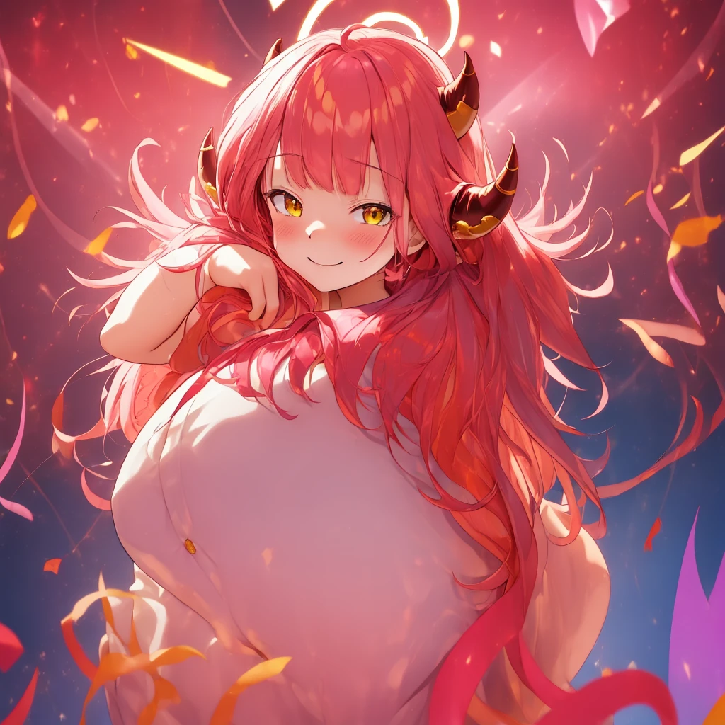 (((Exploding background))),Jump up.stagnated,Teary-eyed,horns, bangs, long_hair, pink_hair, halo, ribbon, smile, neck_ribbon, blush, breasts, red_ribbon, yellow_eyes.