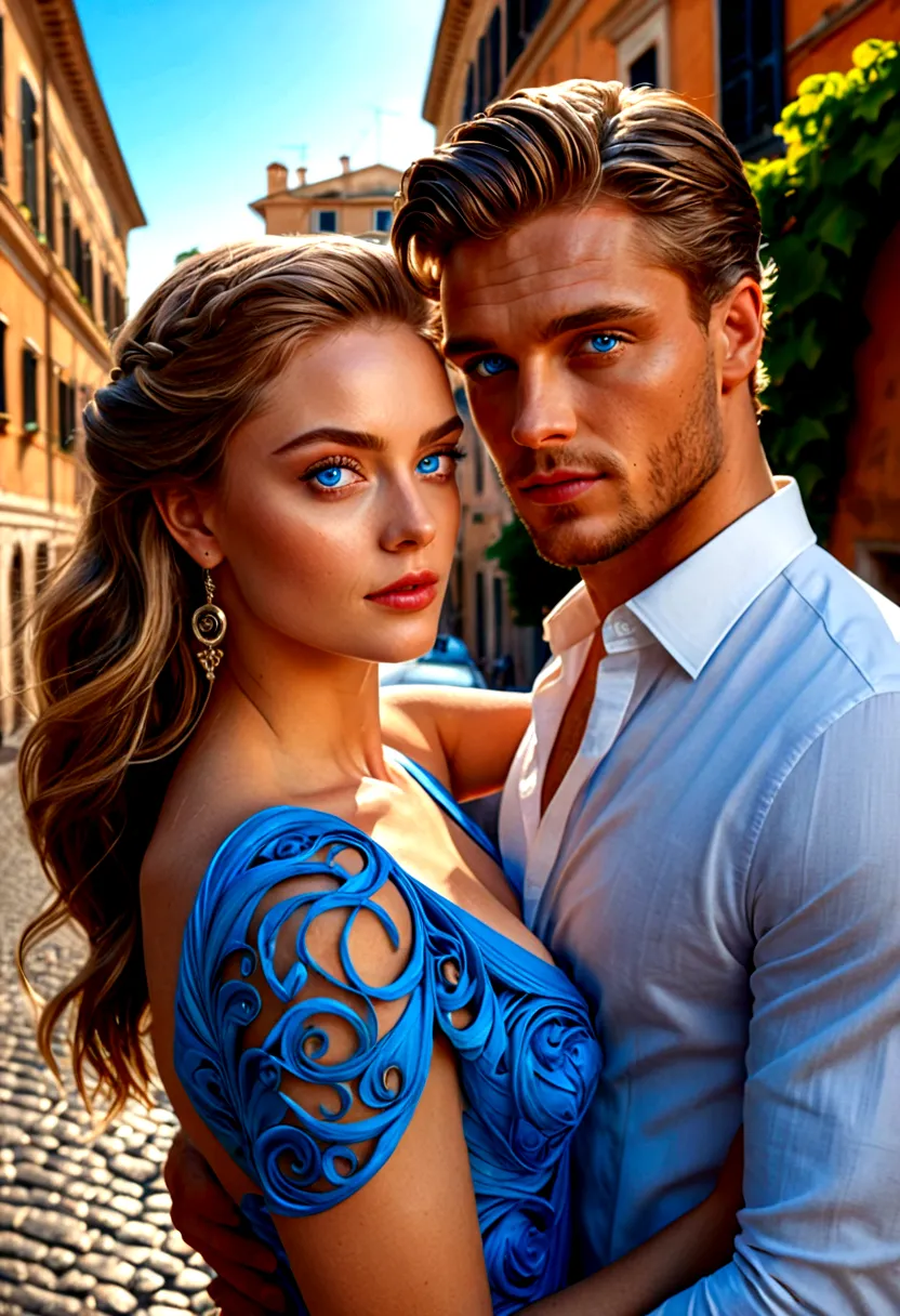 a beautiful young couple in rome, surreal, (romantic, striking blue eyes), dynamic colors, swirling, architectural streets, vine...