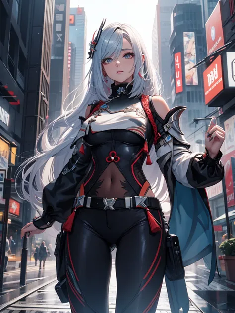 shenhe from genshin impact, 1woman, wearing a futuristic cyberpunk outfit, at future city, silver colour hair with her style, 8k...