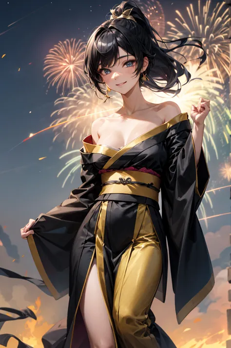 1girl, black gold kimono, from front, off shoulder:1.8, shoulder blades, outdoors, night, fire works, seductive smile, looking a...