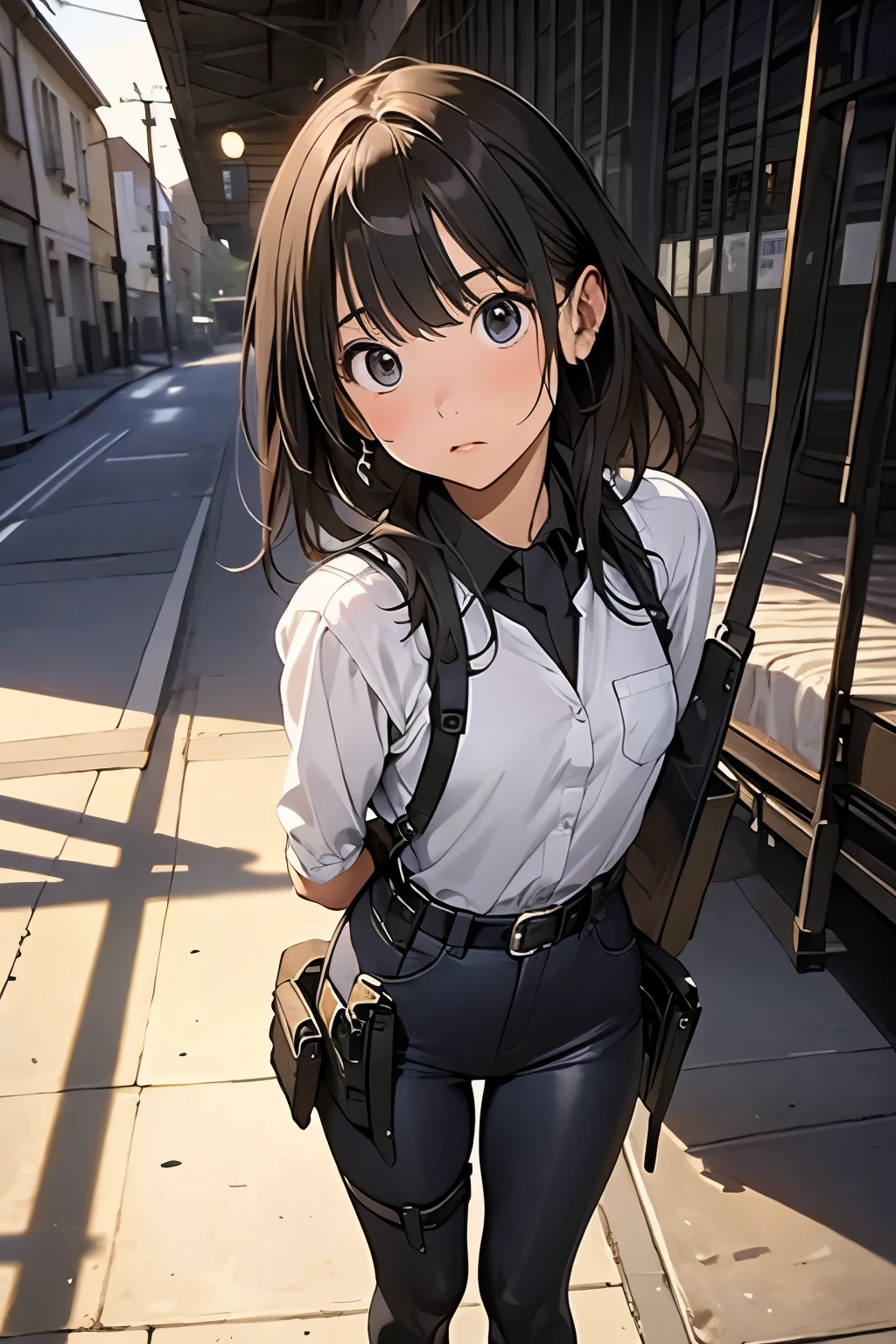 high quality, masterpiece, Ultra-high resolution, (realism: 1.4), Oil painting style, Cinema Lighting, I stood on the empty asphalt road and looked at it., , And the suspenders with the cranes flying　　　Moderate breasts　 　 　　　　Small face　 　　　holster　　　　　　　 Lying in bed　Looking up　　　　Sweat 　　　belt　summer　脇Sweat 　Black Hole Gloves　suit　shirt　　Black jacket　 Black trousers　Leg Links　ズボンにbelt　　holster　 　　Hands behind your back　 Anxious expression　Looking up　Anxious face, no resistance　Hands behind your back