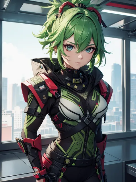 kuki shinobu from genshin impact, 1woman, wearing a futuristic cyberpunk outfit, at future city, green colour hair style, 8k, hi...