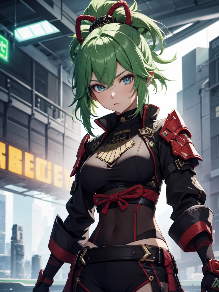 Kuki Shinobu from Genshin impact, 1woman, wearing a futuristic cyberpunk outfit, at future city, green colour hair style, 8k, high detailed, high quality