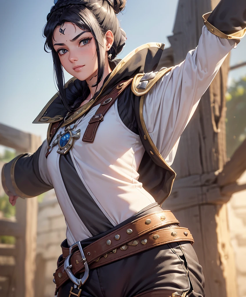 (((Single character image.))) (((1girl))) (((Dressed in medieval swashbuckler attire.))) (((Shoulder length hair))) (((Cute black hair in a topknot.))) Cute female swashbuckler.  Perfect physique.  Lusty smirk. dressed in a puffy shirt and pirate vest flirty, best quality:1.0,hyperealistic:1.0,photorealistic:1.0,madly detailed CG unity 8k wallpaper:1.0,masterpiece:1.3,madly detailed photo:1.2, hyper-realistic lifelike texture:1.4, picture-perfect:1.0,8k, HQ,best quality:1.0,