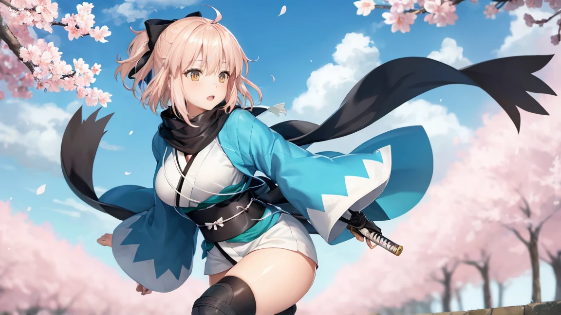 (Highly detailed CG), (Highest quality), Perfect Face, Shiny skin, Shiny skin,Wide Hips, One girl,alone ,Dynamic action poses, Stand in the center of the screen、okitasouji,Arm guard,Wide sleeves,Toeless legwear,bangs,heart, white kimono, Shinsengumi, Black thighs, Yellow Eyes,Knee socks , short kimono, Haori, black bow, black scarf, short hair, Ahoge, scarf, Blonde, hairbow,bow, kimono,kimono,Cherry blossoms fluttering in the wind in Kyoto、