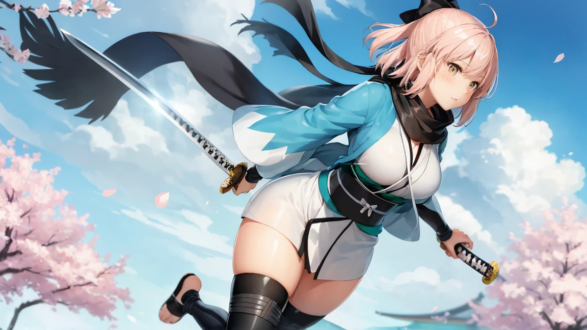 (Highly detailed CG), (Highest quality), Perfect Face, Shiny skin, Shiny skin,Wide Hips, One girl,alone ,Dynamic action poses, Stand in the center of the screen、okitasouji,Arm guard,Wide sleeves,Toeless legwear,bangs,heart, white kimono, Shinsengumi, Black thighs, Yellow Eyes,Knee socks , short kimono, Haori, black bow, black scarf, short hair, Ahoge, scarf, Blonde, hairbow,bow, kimono,kimono,Cherry blossoms fluttering in the wind in Kyoto、