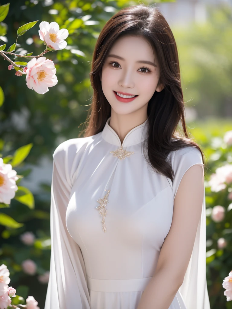 girlcuchoami, 1 Girl, Smile, Ao Dai White, Photography Art, flower, A stunning photo，High color saturation, Ultra-high resolution,(Practical:1.4)),Deep Shadows,(best quality, masterpiece), Pale skin, Dark, In the shade, flurry, blush, Very detailed, Skinny, Break the depth of field, Film Grain, Skin wrinkling, Looking at the audience, knee, warm Smile, (Upper Body), masterpiece,ultra Practical,32k,Extremely detailed CG unity 8k wallpaper, best quality，((Full breasts：1.5))Full breasts，（Huge breasts：1.5）Huge breasts，Breast augmentation