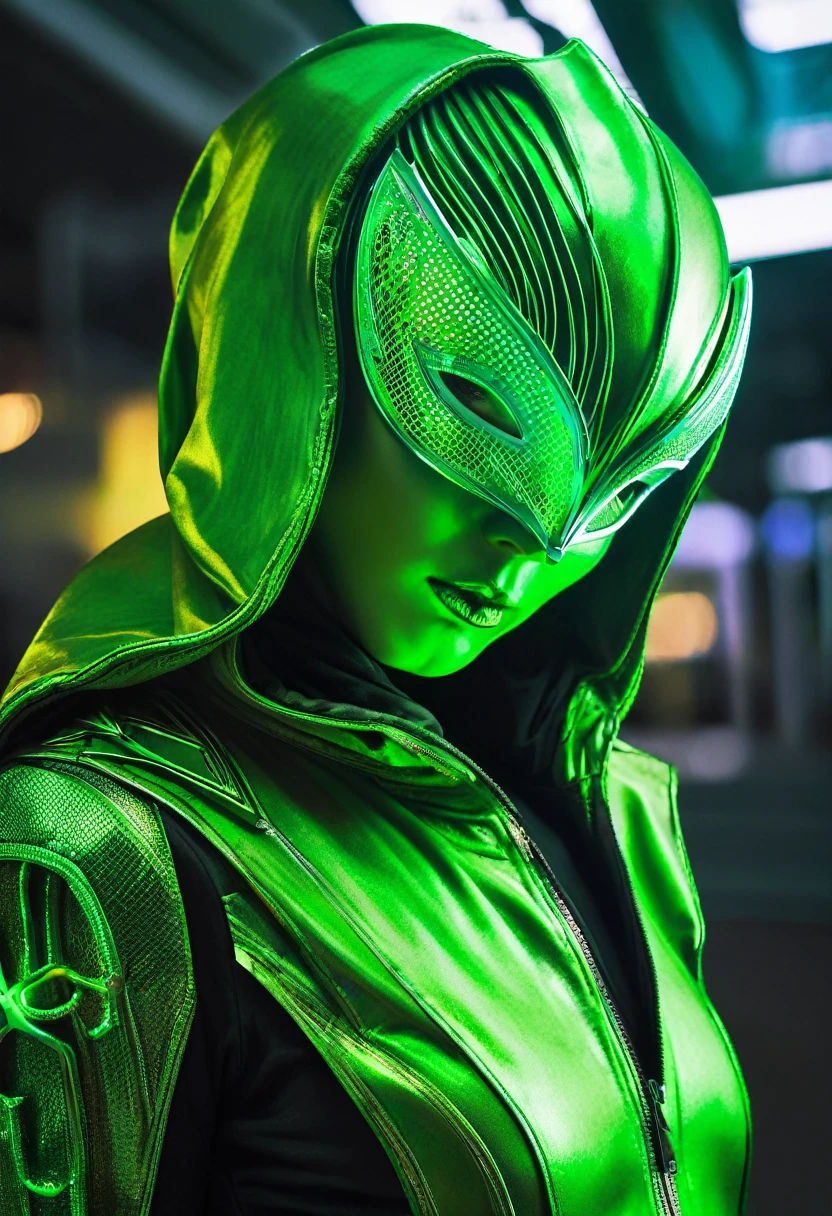 A image depicts a person dressed in futuristic attire, mostly in dark and neon green colors, creating a striking and intense visual contrast. The subject is wearing a hooded outfit with a vivid green metallic sheen, and a subtle, textural design that suggests both functionality and style. The face of the person is mostly covered by a mask resembling advanced technology or armor, with sections resembling vents or filters, enhancing the enigmatic and dystopian aesthetic. The eyes of the subject stand out prominently - they are highlighted with a yellow hue that adds an intense, almost otherworldly gaze to the overall menacing appearance. The overall mood of the image appears to be inspired by themes of science fiction and cybernetics, emphasizing a blend of human and machine elements. The focus on the subject’s upper body and face, as well as the hood's bright color and the mask's detailed design, draw the viewer’s attention directly to the subject's central features, highly detailed, perfect wide long shot visual masterpiece, signed by the artist " @challenge2pt ".