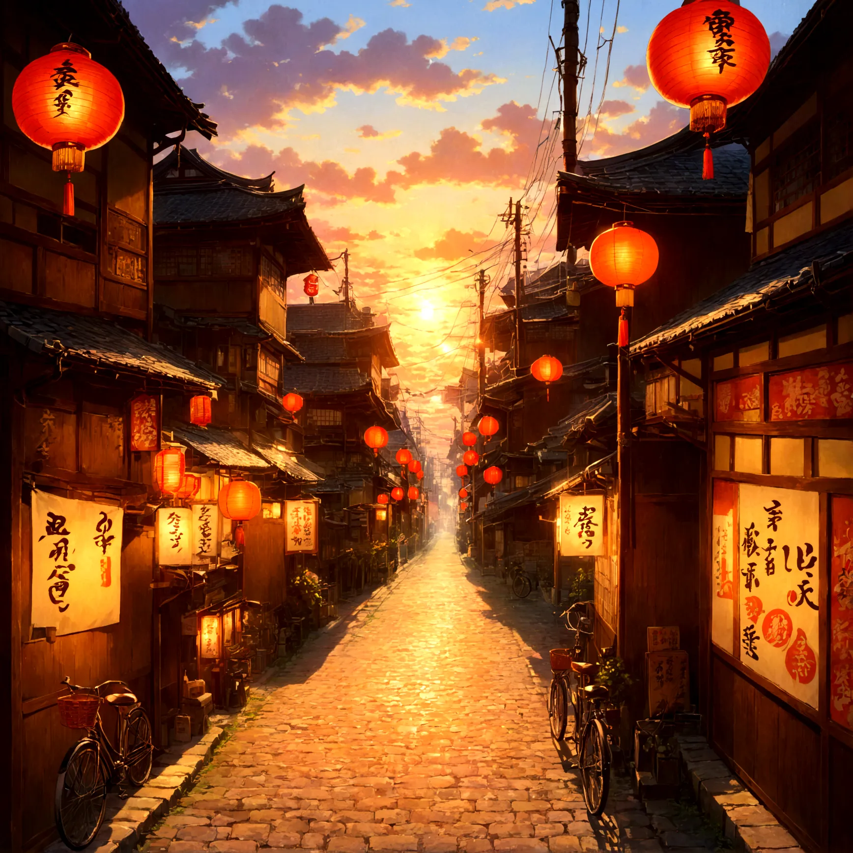 beautiful game world, fantasy, furai no shiren, showa retro, shopping street, 一people称視点, at dusk, nostalgic, nostalgic, warm,
c...