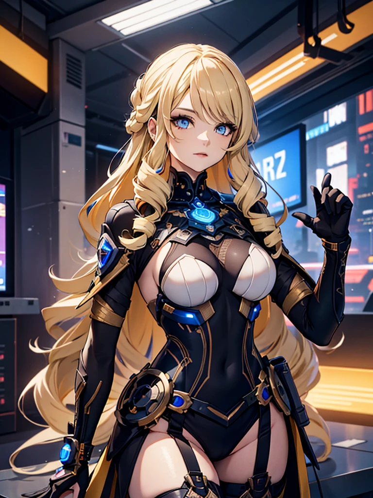 Navia aus Genshin Impact, 1 Frau, trägt ein futuristisches Cyberpunk-Outfit, in der Zukunftsstadt, blonde Farbe Frisur, 8k, Hochdetailliert, gute Qualität