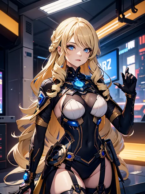 Navia from Genshin impact, 1woman, wearing a futuristic cyberpunk outfit, at future city, blonde colour hair style, 8k, high det...