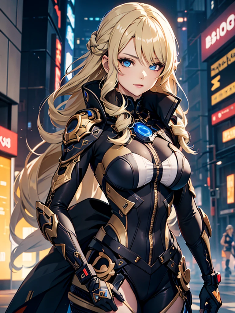 Navia aus Genshin Impact, 1 Frau, trägt ein futuristisches Cyberpunk-Outfit, in der Zukunftsstadt, blonde Farbe Frisur, 8k, Hochdetailliert, gute Qualität