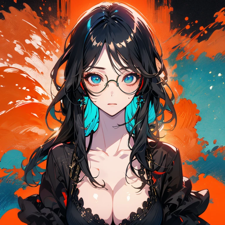 Highest quality,Highest Resolution,１People Women,sexy,headphone,Vibrant colors,Very beautiful eyes,Big Breasts,whole body,Glasses,Black Hair,Neon color