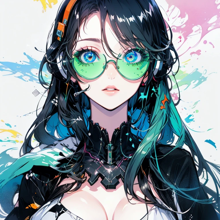 Highest quality,Highest Resolution,１People Women,sexy,headphone,Vibrant colors,Very beautiful eyes,Big Breasts,whole body,Glasses,Black Hair,Neon color