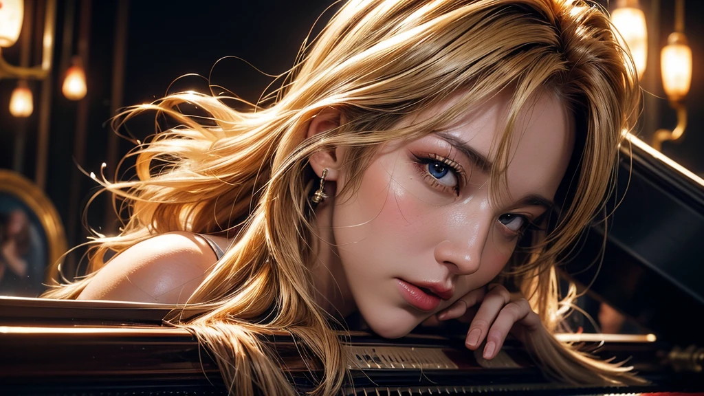 a beautiful woman，playing piano.With stunning facial features, long golden blonde hair, and a confident expression, Cast powerful fire magic spells, detailed portrait, Practical, photoPractical, best quality, 4k, 8K, High resolution, masterpiece, Extremely detailed, Bright colors, Dramatic Lighting