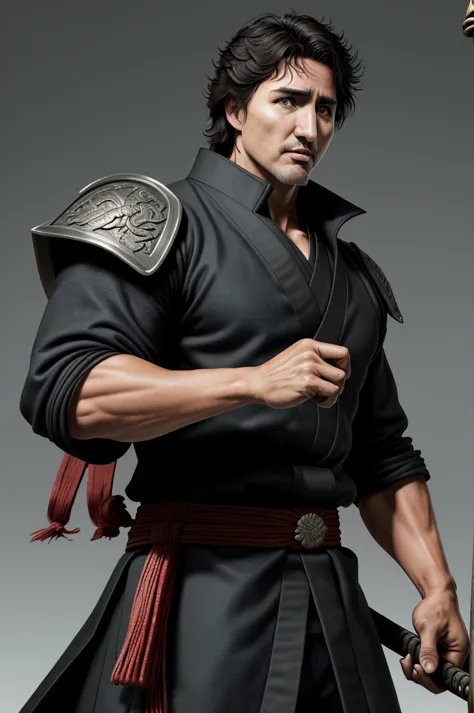 highest quality，high resolution，((justin trudeau)) ，canada，kenshiro，fist of the north star，samurai，one person，warrior，（black_coa...