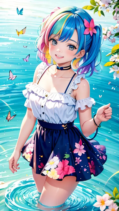 cute women with rainbow hair, multicolored butterflies, water, colorful blossoms