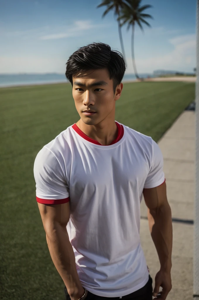 A handsome, muscular young Asian man looks at the camera. In a simple t-shirt white and red , Fieldside, grass, beach, sunlight