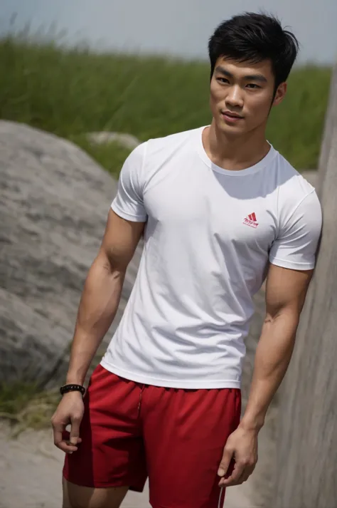 A handsome, muscular young Asian man looks at the camera. In a simple t-shirt white and red , Fieldside, grass, beach, sunlight