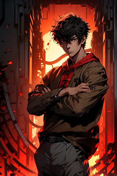 anime styling, a man in a brown shirt and beige pants, fire!! whole body, tower of god, fire behind him, shuushuu anime image, a...
