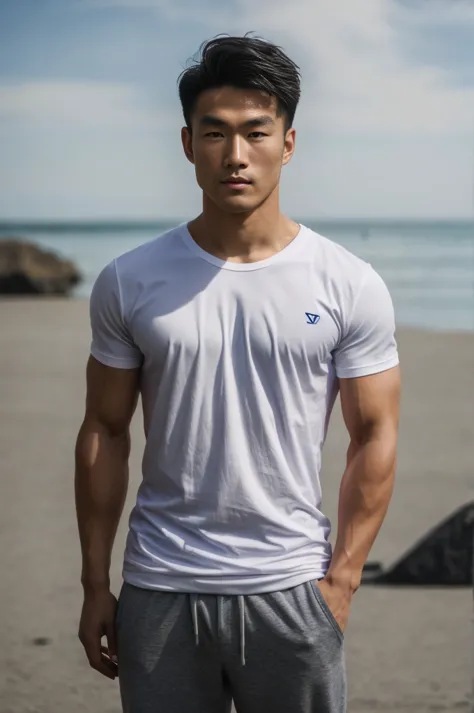A handsome, muscular young Asian man looks at the camera. In a simple t-shirt white and red , Fieldside, grass, beach, sunlight