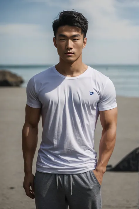 a handsome, muscular young asian man looks at the camera. in a simple t-shirt white and red , fieldside, grass, beach, sunlight