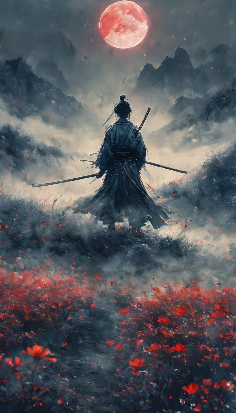 a young man kneeling in a flowery meadow, samurai, night, shining red moon, torn sword, long exposure, highly detailed, 8k, photorealistic, masterpiece, studio lighting, dramatic lighting, cinematic, moody atmosphere, vibrant colors, lush nature, intricate details