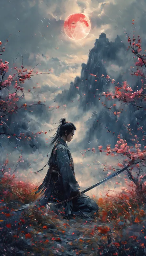 a young man kneeling in a flowery meadow, samurai, night, shining red moon, torn sword, long exposure, highly detailed, 8k, phot...