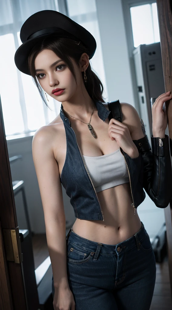 masterpiece, best quality, 8k,highestres, absurdres, extremely detailed, female trafalgar law, solo, looking at viewer, short hair, medium breasts, hat, navel, cleavage, collarbone, earrings, midriff, pants, coat, fur trim, denim, jeans, shoulder tattoo,   black fur-trimmed coat, coat on shoulders, yellow tank top,