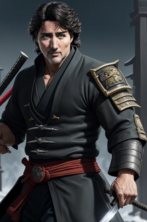 highest quality，high resolution，((justin trudeau)) ，canada，kenshiro，fist of the north star，samurai，one person，warrior，（black_coa...