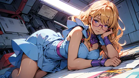 anime,an illustration,purple robot,mobile suit,dom,light blue check dress,red glasses,blonde,light blue mesh hair,beautiful girl...