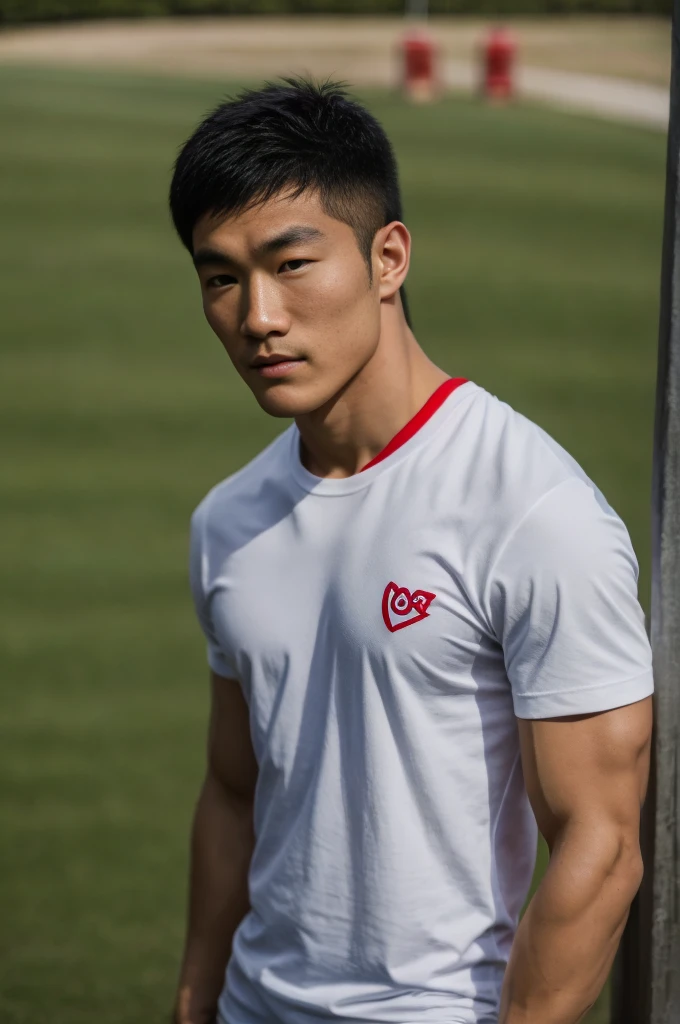 A handsome, muscular young Asian man looks at the camera. In a simple t-shirt white and red , Fieldside, grass, beach, sunlight, Carrying a camera