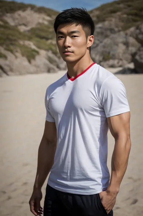 A handsome, muscular young Asian man looks at the camera. In a simple t-shirt white and red , Fieldside, grass, beach, sunlight,...