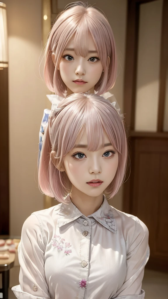 ((high quality)),Tabletop,(Detailed depiction of the site:1.2),1 Japanese girl,(flair shirt:1.3),Enchanted Valley,Mouth closed,eyelash,Looking at the audience,Portraiture,alone,Upper Body, pink hair,White Theme,medium hair,Silver Hair,Yoruhano. 2 Type B,Expressionless,Emotionless