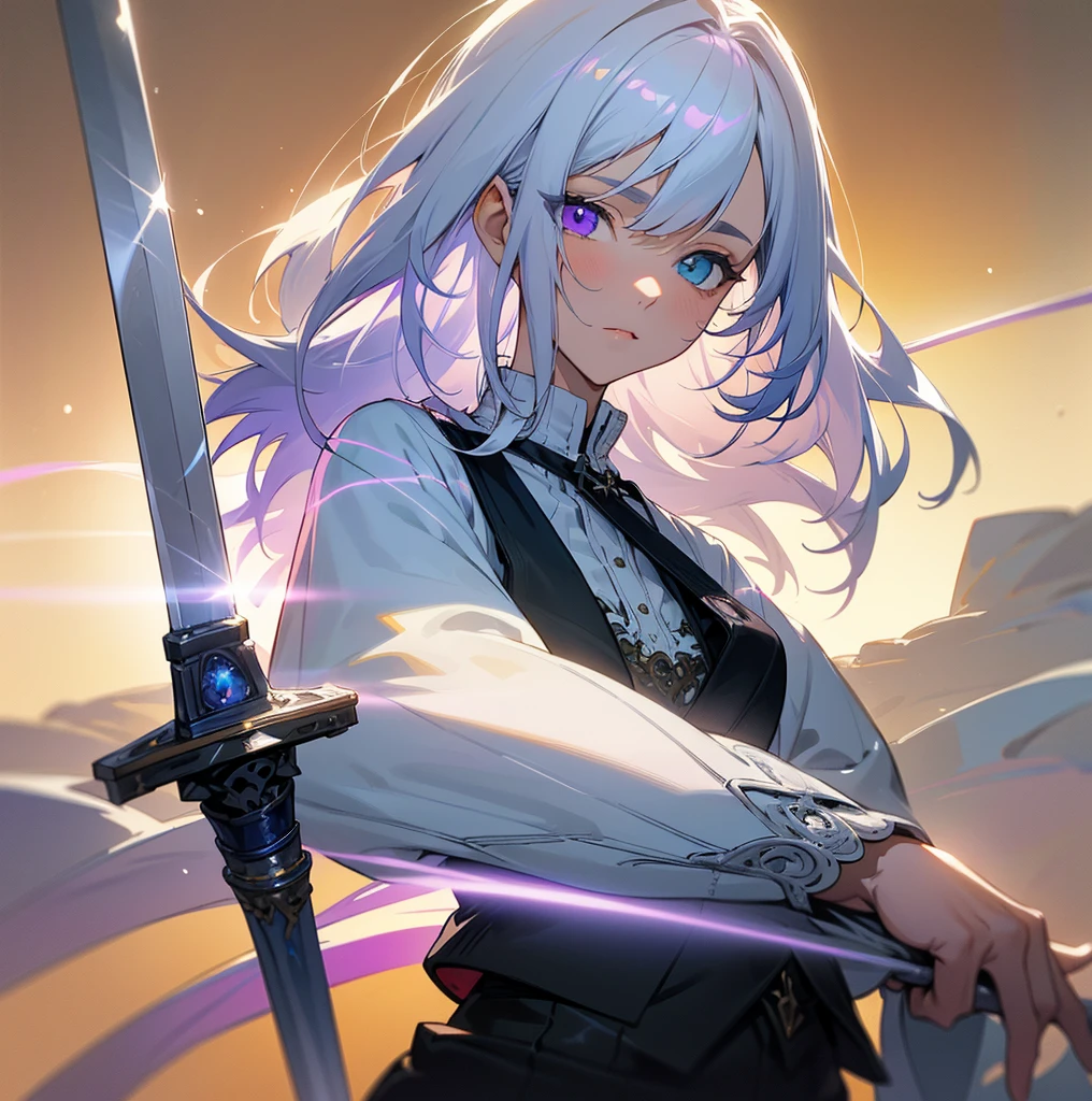 Mature woman with cool blue-purple heterochromia eyes, white shirt, black trousers, long white hair, (top quality, 8k, high, masterpiece), highly detailed facial features, intricate details, natural lighting, warm colors , soft focus, digital painting, fantasy art, silhouette, universe, foggy, weapon, crystal blade sword, beautiful face, flat gaze.