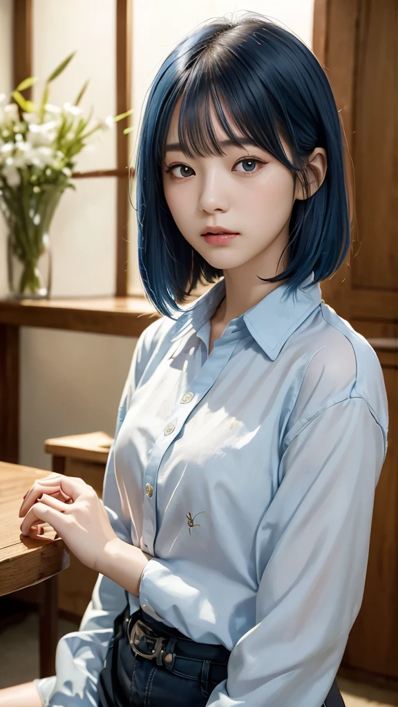 ((high quality)),Tabletop,(Detailed depiction of the site:1.2),1 Japanese girl, (flair shirt:1.3),Enchanted Valley,Mouth closed,eyelash, look away,Portraiture,alone,Upper Body, blue hair,White Theme, long hair, Expressionless,Emotionless