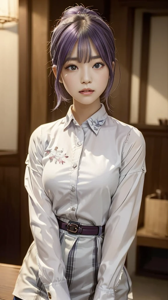 ((high quality)),Tabletop,(Detailed depiction of the site:1.2),1 Japanese girl,(flair shirt:1.3),Enchanted Valley,Mouth closed,eyelash,Looking at the audience,Portraiture,alone,Upper Body, purple hair,White Theme,pony tail,Silver Hair,Yoruhano. 2 Type B,Expressionless,Emotionless