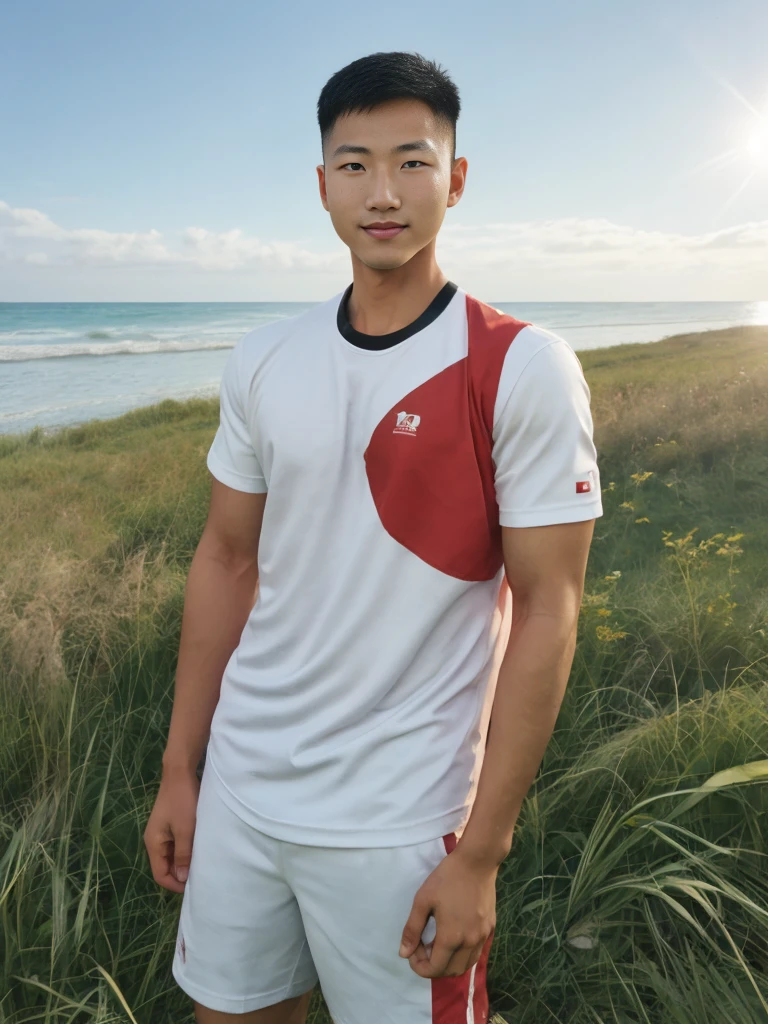 Un beau, Un jeune homme asiatique musclé regarde la caméra. Dans un simple t-shirt blanc et rouge , Côté terrain, herbe, plage, lumière du soleil, Porter un appareil photo