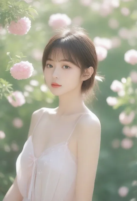 masterpiece, highest quality, raw photos, whole body,pastel pink garden, (the wind is blowing), beautiful girl, (delicate beauty...