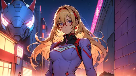 anime,an illustration,purple robot,mobile suit,dom,light blue check dress,red glasses,blonde,light blue mesh hair,beautiful girl...