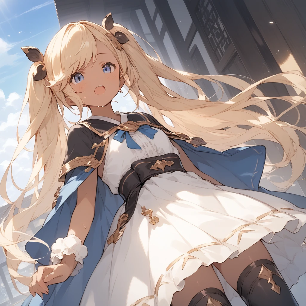 score_9, score_8_up, score_7_up, source_anime, best quality, masterpiece, official art, absurdres, highres, ultra-detailed,waifu2x,Collection: Slice of Life,break,1girl, io \(granblue fantasy\), (dark-skinned female), blonde hair, swept bangs, blue eyes,gradient hair, hair ornament, long hair, flat chest, thighhighs, twintails, sweat, open mouth, sleepily,  outdoors, wind,break,(clear line illustration:1.2), super detailed skin,very high resolution, very aesthetic, Best sexual lighting powered by famous artist, 8k,cute picture,beauty illustration,photoshop_(medium),,(Detailed Lighting),best anime 8k konachan wallpaper, pixiv contest winner, 