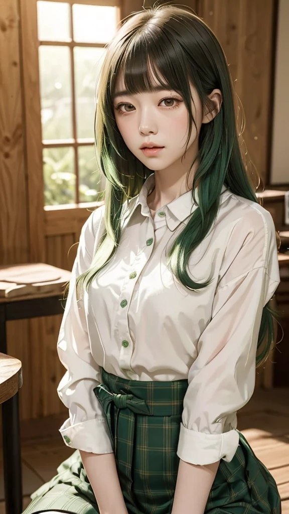 ((high quality)),Tabletop,(Detailed depiction of the site:1.2),Japanese girl, one girl, (flair shirt:1.3),Enchanted Valley,Mouth closed,eyelash, look away,Portraiture,Upper Body, green hair,White Theme, (long hair:1.4), Expressionless,Emotionless, short bangs,