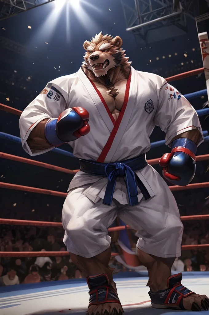 Semirealistic:1.3, lindong, Zoroj, 1boy, solo, muscular old man (furry grizzly bear) (bleeding, blood on body), ((fighting arena)), huge muscular, short hair, wearing karate uniform, (cinematic light vfx background), dark background